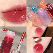 Transparent lip gloss showcasing high-shine finish, hydration, and swatches in various vibrant shades.