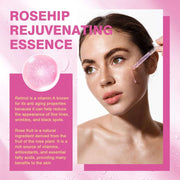 Rosehip rejuvenating essence serum for reducing fine lines and dark spots, showcasing vibrant skin and hydration benefits.