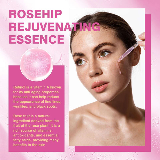 Rosehip rejuvenating essence serum for reducing fine lines and dark spots, showcasing vibrant skin and hydration benefits.