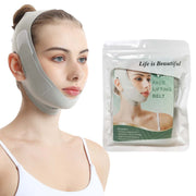 Woman wearing a Shape Face Lift lifting belt, with packaging displaying product benefits. Breathable and comfortable design.