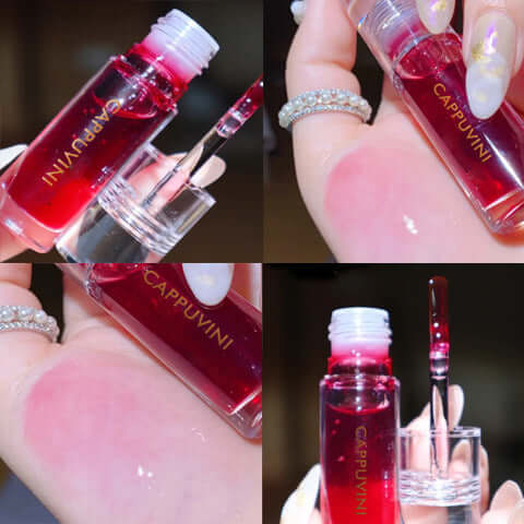 Transparent lip gloss in a glossy container, showcasing a high-shine finish and hydration properties.