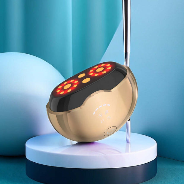 Skin rejuvenation device featuring red and orange lights for anti-aging treatments on a sleek pedestal.