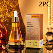 Polypeptide facial serum and packaging displayed with a gold background, highlighting skincare benefits and ingredients.