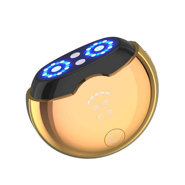 Gold skin rejuvenation device with blue LED lights for anti-aging and hydration treatments.