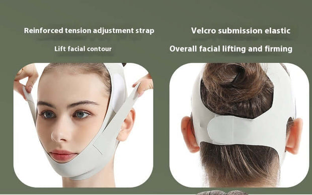 Woman demonstrating the Shape Face Lift with reinforced tension strap for facial contour lifting and firming.